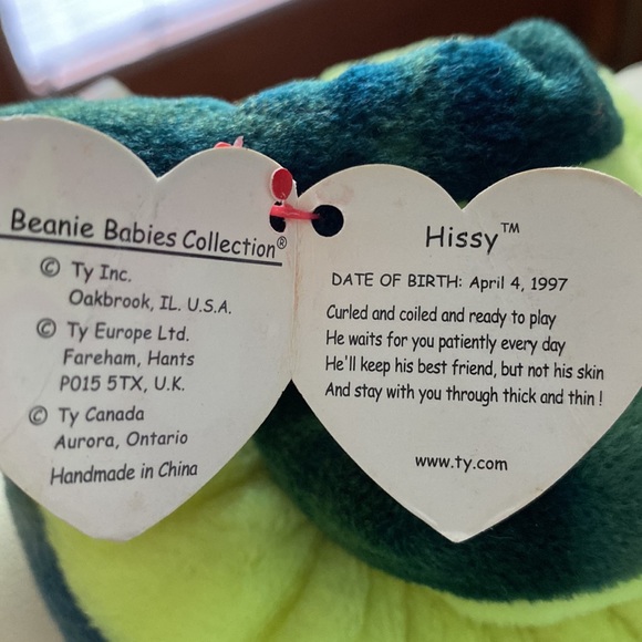 Gifted to a buyer. Ty Beanie Babies Original Hissy the snake.Born April 4, 1997. - Picture 6 of 10